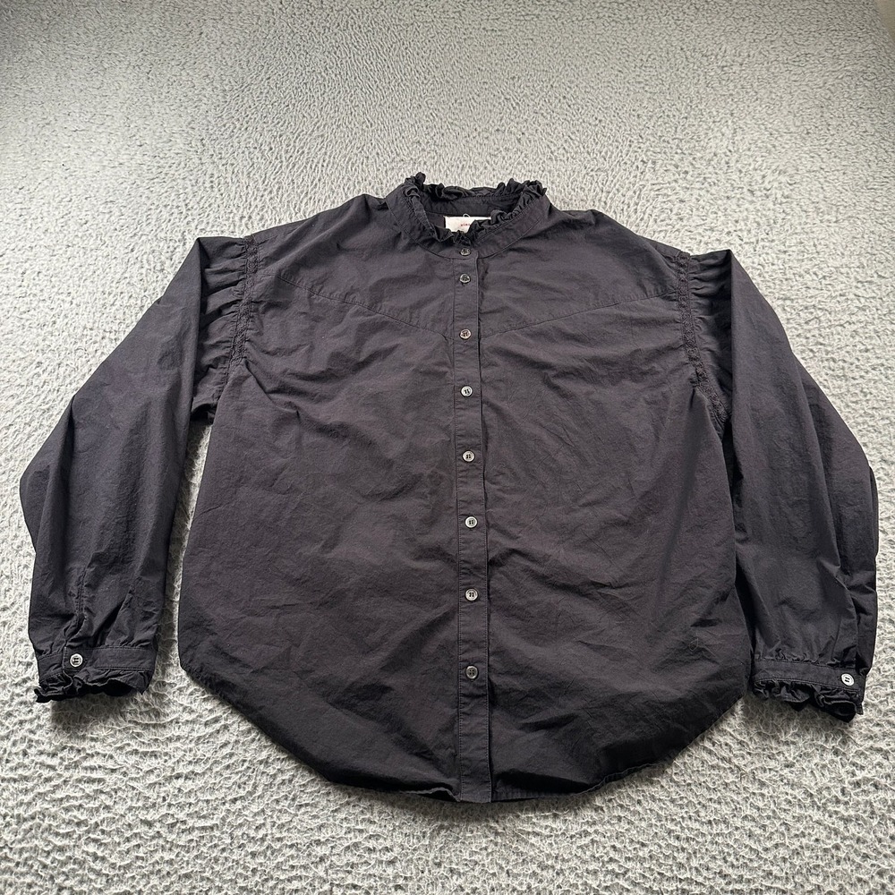 XIRENA Blouse Womens M Black Ruffle Collar Button Up 100%‎ Cotton Ruffle Cuff